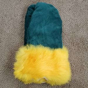 Green and Gold Suede Mittens with Rabbit Fur